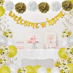 Welcome Home Banner Decorations, 38 Pcs, Gold, Welcome Home Sign, Swirl, Balloon, Great for Home Party Decorations, Family Party Supplies, Deployment Returning Back Party Decor