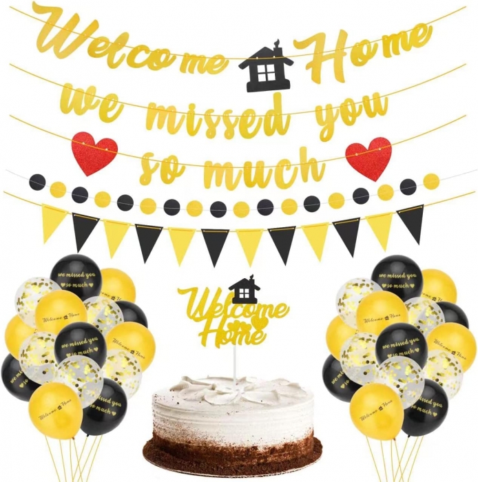 Welcome Home Decorations Kit - Welcome Home & We Missed You So Much Banner,Cake Topper,Dot Circle Garland Triangle Flag Banner,Welcome Home Balloons for Welcome Back Party Housewarming Party Supplies