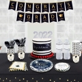Graduation Party Supplies 2022 - Graduation Tableware Included Banner, Plates, Cups, Napkins, Tablecloth, Cutlery, Straws, Congrats Grad Decorations for Graduation | Serves 24 (Black & White)