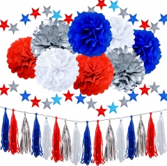 30 Pcs Tissue Paper Pom Poms Red White Navy Blue Silver Tassels Garland Glitter Stars Paper Garlands Patriotic Decorations Nautical Party Supplies Photo Booth Props Backdrop Door Wall Decor