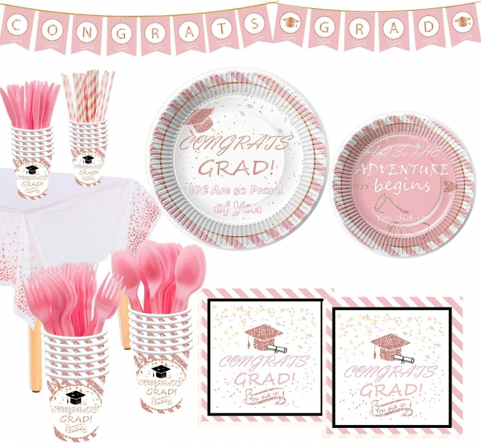 Graduation Party Supplies 2022 - Graduation Tableware Included Banner, Plates, Cups, Napkins, Tablecloth, Cutlery, Straws, Congrats Grad Decorations for Graduation | Serves 24 (Rose Gold)