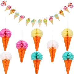 9 Pieces Hanging Ice Cream Honeycomb Ball Tissue Paper Ice Cream Banner for Wedding Birthday Decoration