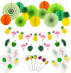 30 Pieces Summer Party Decoration Set, Hanging Paper Fans Honeycomb Balls Pineapple and Flamingo Flower Garland Banner Summer Party Balloons for Hawaiian Luau Beach Birthday Wedding Photo Backdrop