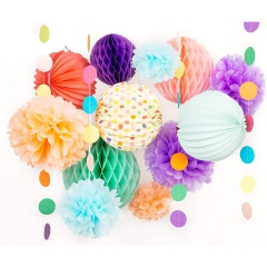 Premium Paper Decoration Set - Pom Pom, Honeycomb and Accordion Lantern (Festive Colors) Birthday Party Baby Shower Bride to Be Engagement Wedding Events