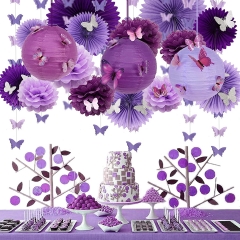 Butterfly Birthday Garland Decorations Purple for Girl Women Lavender Purple Paper Decorations with Hanging Paper Fans Purple Lanterns and Honeycomb Balls for Birthday Party Bridal Showers and Wedding