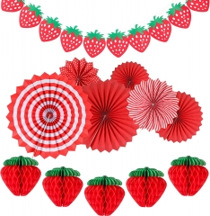 12 Pieces Strawberry Birthday Party Decorations Includes 5 Strawberry Honeycomb Balls, 1 Strawberry Garland and 6 Paper Fans Party Decorations for Birthday Party Supplies(Red)