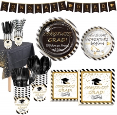 Graduation Party Supplies 2022 - Graduation Tableware Included Banner, Plates, Cups, Napkins, Tablecloth, Cutlery, Straws, Congrats Grad Decorations for Graduation | Serves 24 (Black & White)